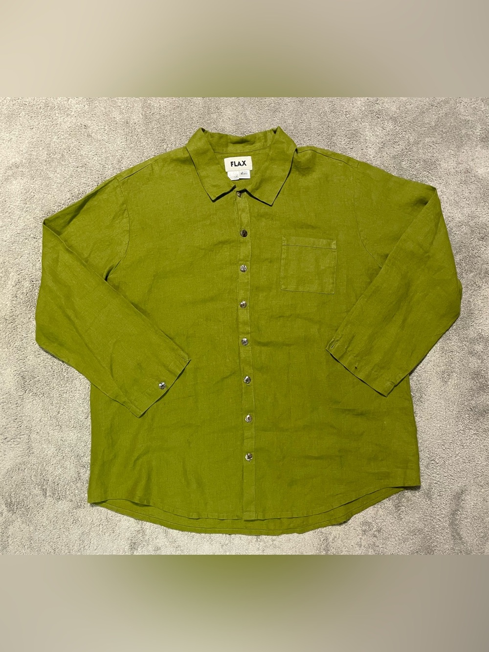 Vintage FLAX Linen Tunic Shirt Womens L Chartreuse Green Oversized Button Up